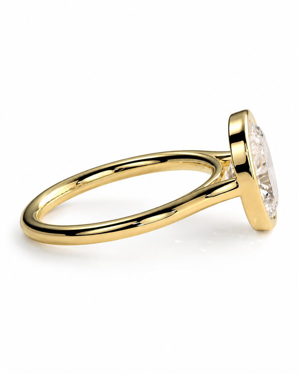color_10K_YG, color_14K_YG && yellow gold ring with a bezel-set clear oval gemstone, shown from a side profile view on a clean white background.