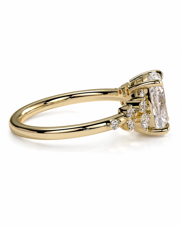 color_10K_YG, color_14K_YG &&A yellow gold ring featuring a large rectangular clear gemstone in a prong setting, with smaller accent stones along the band, shown on a clean white background.