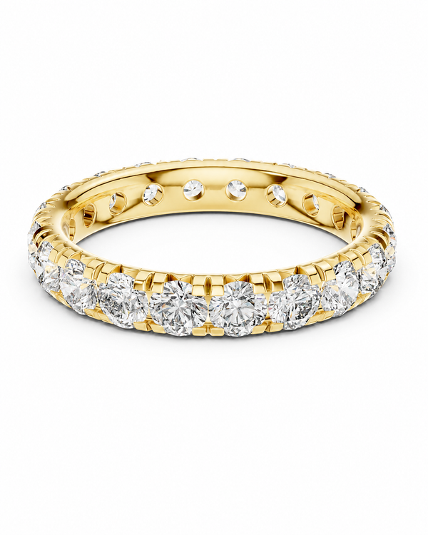 color_10K_YG, color_14K_YG &&
A yellow gold eternity ring set with round brilliant-cut diamonds, shown on a clean white background.