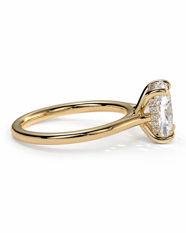 color_10K_YG, color_14K_YG &&A yellow gold engagement ring featuring a large rectangular clear gemstone in a prong setting, accented by smaller round stones along the band, shown on a clean white background.