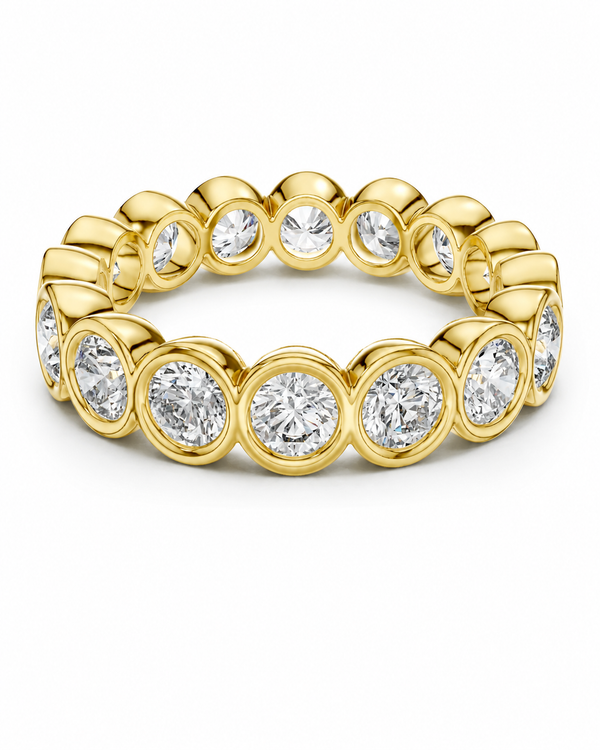color_10K_YG, color_14K_YG &&
A yellow gold eternity band ring featuring a continuous row of round brilliant-cut clear gemstones in bezel settings, shown on a clean white background.