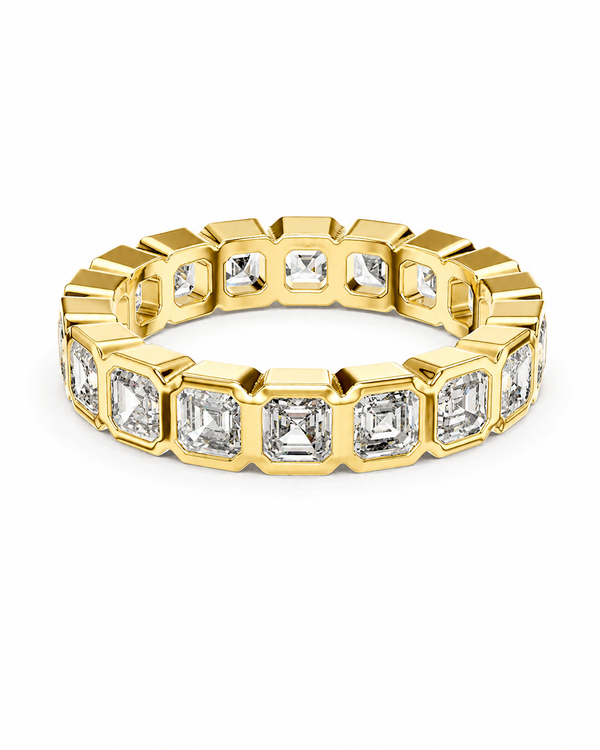color_10K_YG, color_14K_YG &&
A yellow gold eternity ring featuring a continuous row of cushion-cut clear gemstones in a bezel setting, shown on a plain white background.