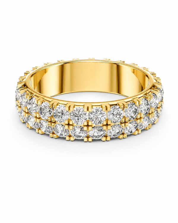 color_10K_YG, color_14K_YG &&
A yellow gold eternity ring featuring three rows of round brilliant-cut diamonds in a prong setting, shown on a clean white background.
