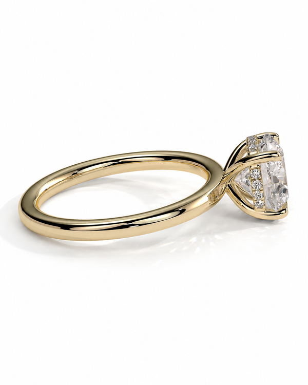 color_10K_YG, color_14K_YG &&Luxury round moissanite solitaire ring showing hidden halo gallery
