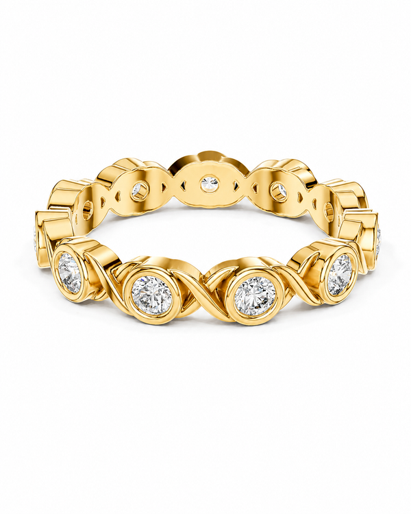 color_10K_YG, color_14K_YG &&
A yellow gold eternity-style ring featuring multiple round-cut clear gemstones set in an open, interlocking pattern, photographed on a clean white background.