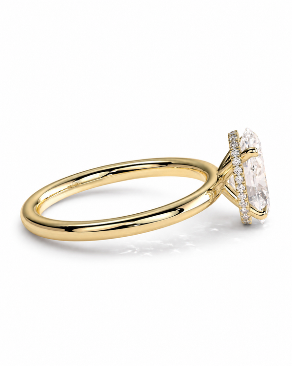 color_10K_YG, color_14K_YG &&A yellow gold ring with a large oval clear gemstone in a prong setting, accented by small pave diamonds along the band, shown on a clean white background.