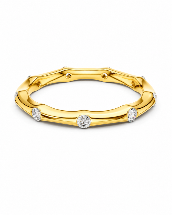 color_10K_YG, color_14K_YG &&A yellow gold ring with a textured, segmented outer band and five small round-cut clear gemstones set along the front, shown on a plain white background.