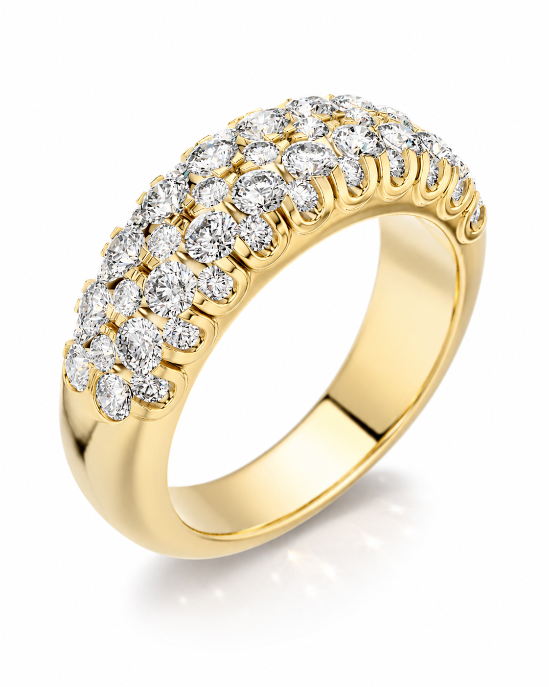 color_10K_YG, color_14K_YG &&Angled view of a women's moissanite wedding band featuring three rows of round stones.