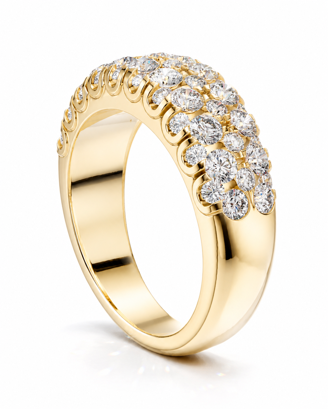 color_10K_YG, color_14K_YG &&Side profile of a handcrafted moissanite wedding ring with tapered band design.