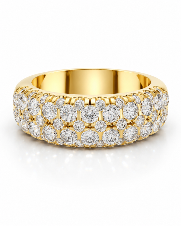 color_10K_YG, color_14K_YG &&Luxury moissanite wedding band with graduated round stones in a pavé setting front angle.