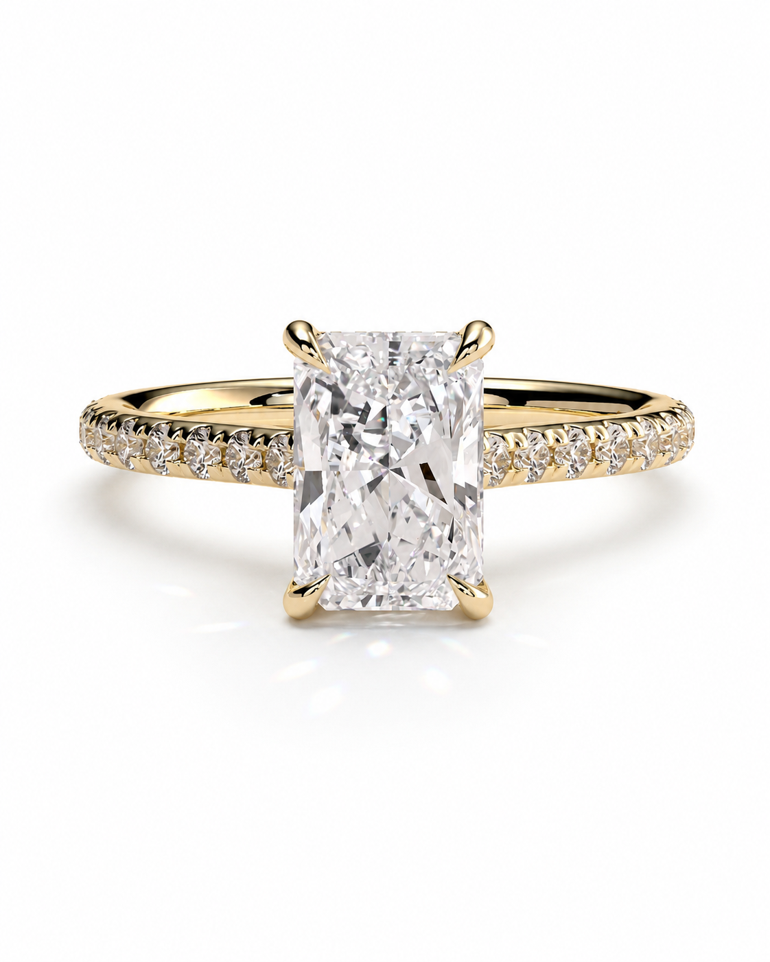 color_10K_YG, color_14K_YG &&
A yellow gold engagement ring featuring a large rectangular radiant-cut diamond center stone, with a pavé-set diamond band, shown on a clean white background.