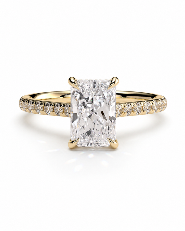 color_10K_YG, color_14K_YG &&
A yellow gold engagement ring featuring a large rectangular radiant-cut diamond center stone, with a pavé-set diamond band, shown on a clean white background.