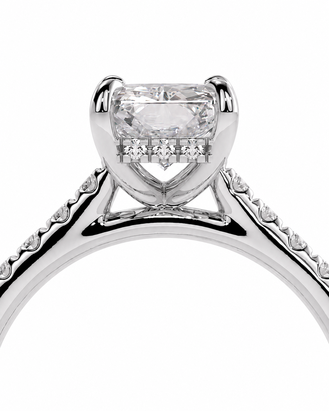 color_925_SIL,color_935_ARG,color_10K_WG, color_14K_WG &&
A close-up studio shot of a silver-toned diamond ring featuring a large cushion-cut center stone and a row of smaller diamonds across the base, set against a plain white background.