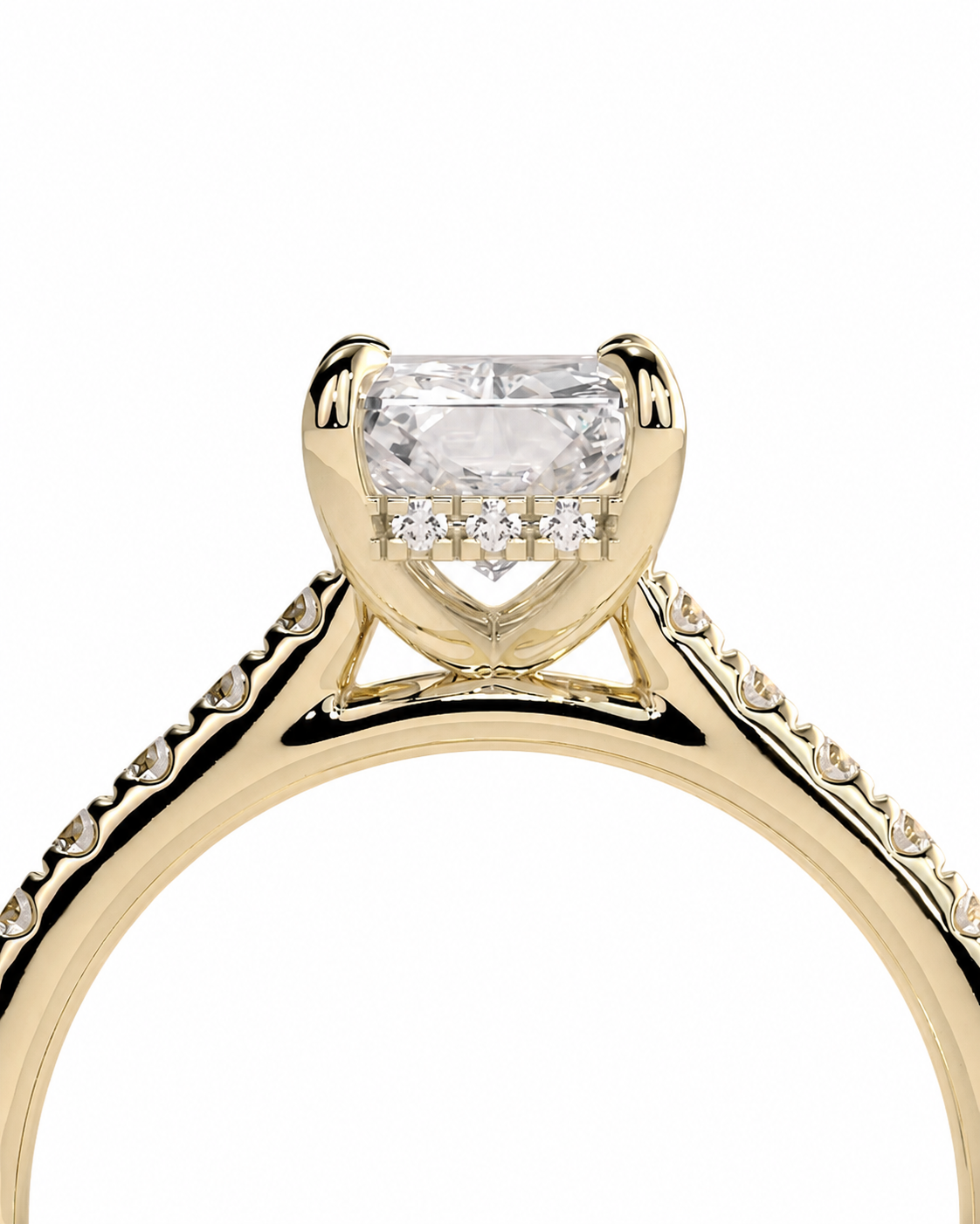 color_10K_YG, color_14K_YG &&
A close-up studio shot of a yellow gold engagement ring featuring a large cushion-cut clear center stone and smaller accent stones on the band, set against a plain white background.
