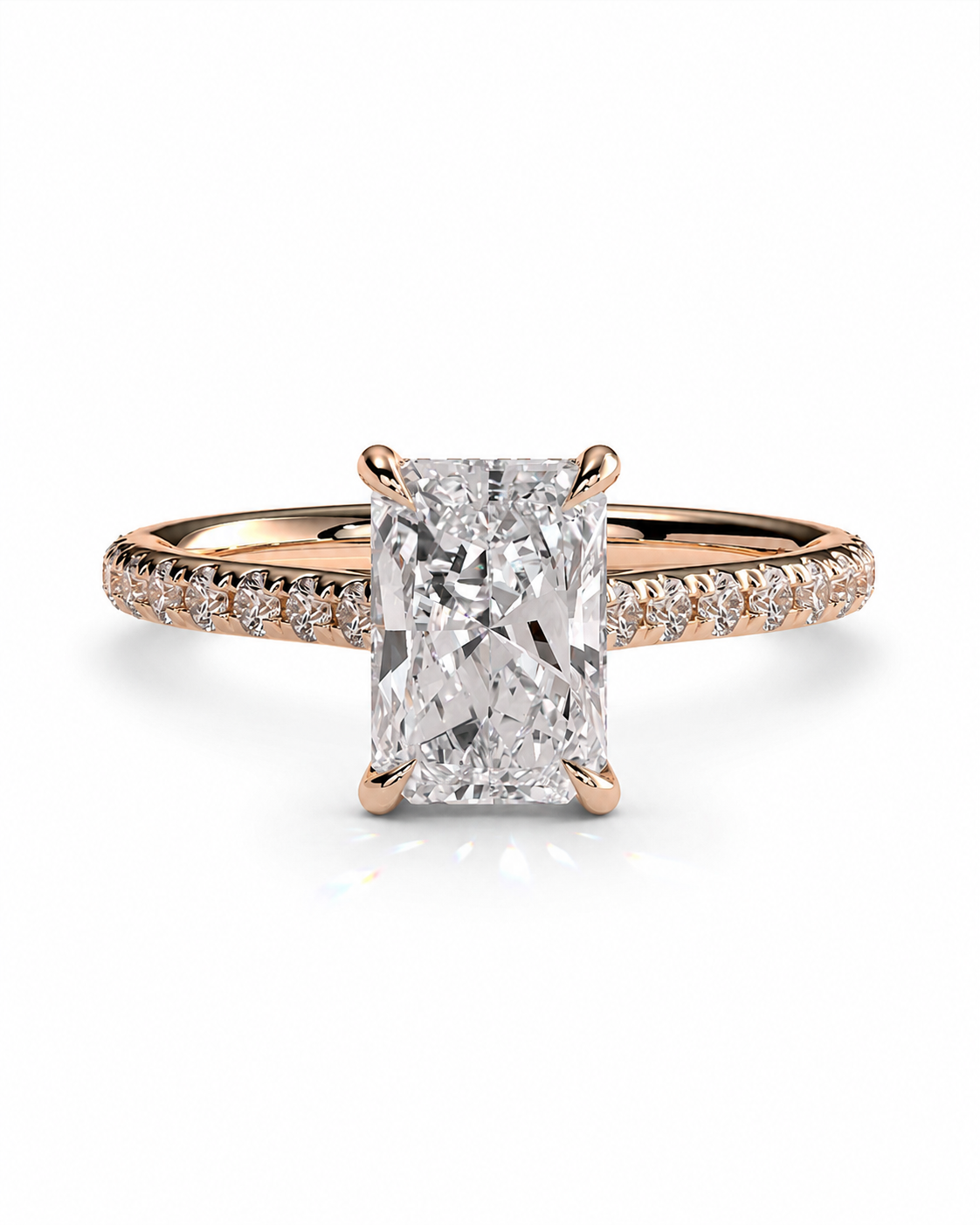 color_10K_RG, color_14K_RG &&
A rose gold engagement ring featuring a large rectangular radiant-cut diamond center stone, with a pave-set diamond band, shown on a clean white background.