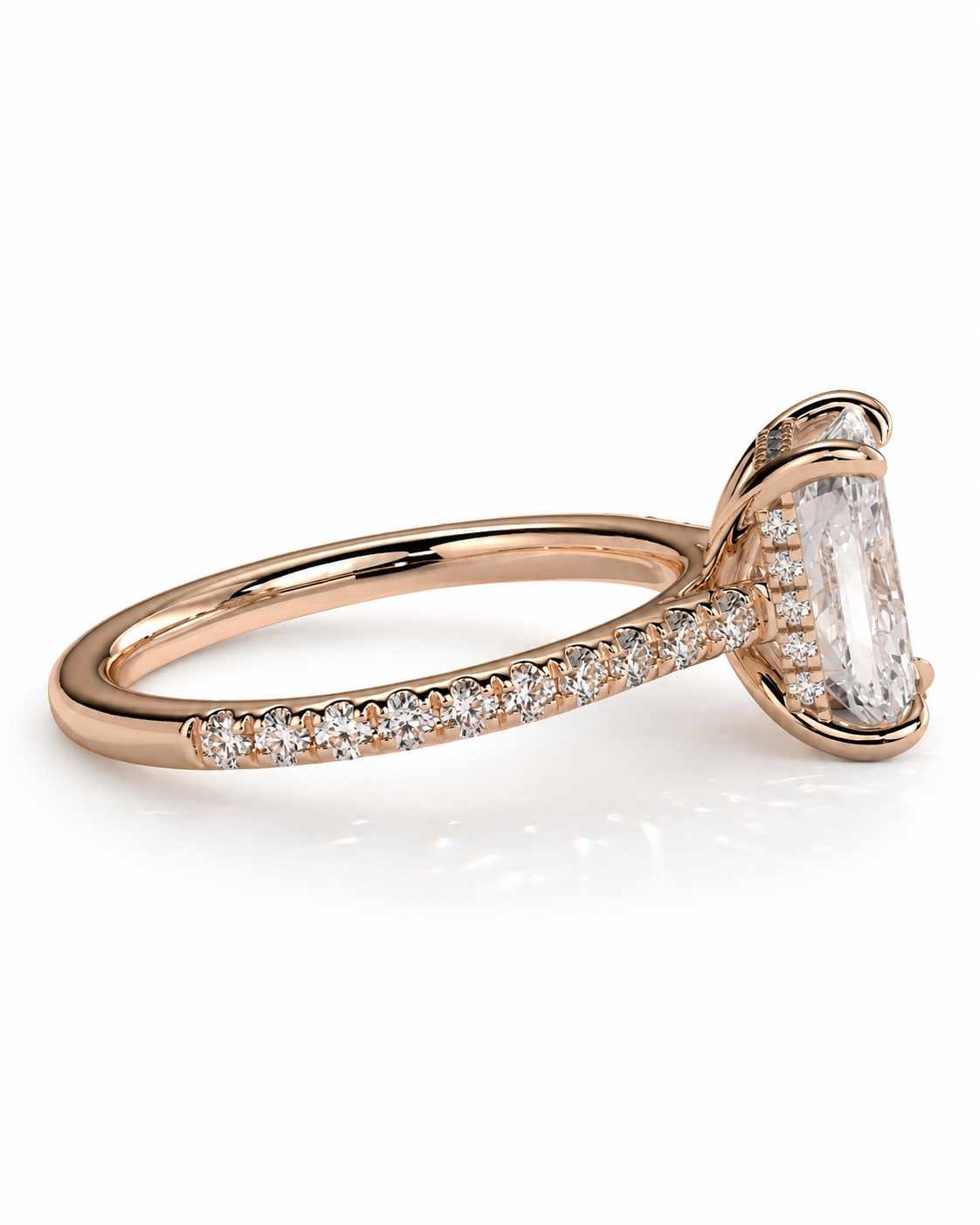 color_10K_RG, color_14K_RG &&
A rose gold engagement ring featuring a large emerald-cut diamond center stone and a pave band with small round diamonds, shown on a clean white background.