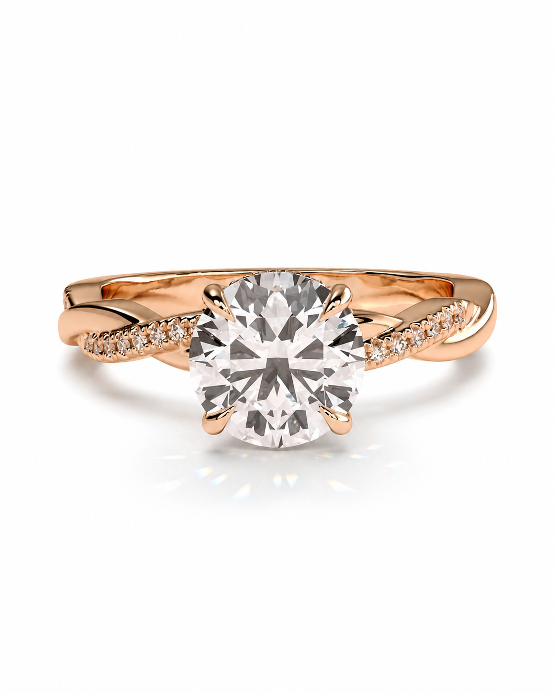 color_10K_RG, color_14K_RG &&
 rose gold engagement ring featuring a large round-cut clear center stone in a four-prong setting, with a twisted shank accented by small pave diamonds on each side, shown on a clean white background.