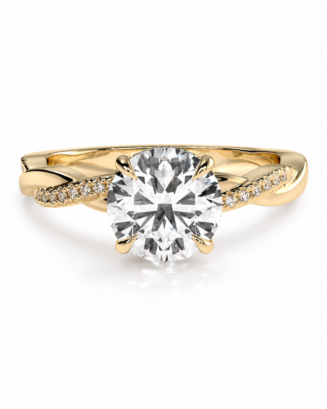color_10K_YG, color_14K_YG &&
A yellow gold engagement ring featuring a large round brilliant-cut center stone in a six-prong setting, with a twisted shank accented by small pavé diamonds on each side, shown on a clean white background.