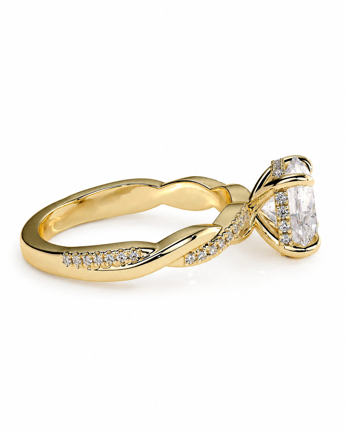 color_10K_YG, color_14K_YG &&
A yellow gold twist band ring featuring a large rectangular clear gemstone in a prong setting, accented with small pave diamonds along the band, shown on a clean white background.