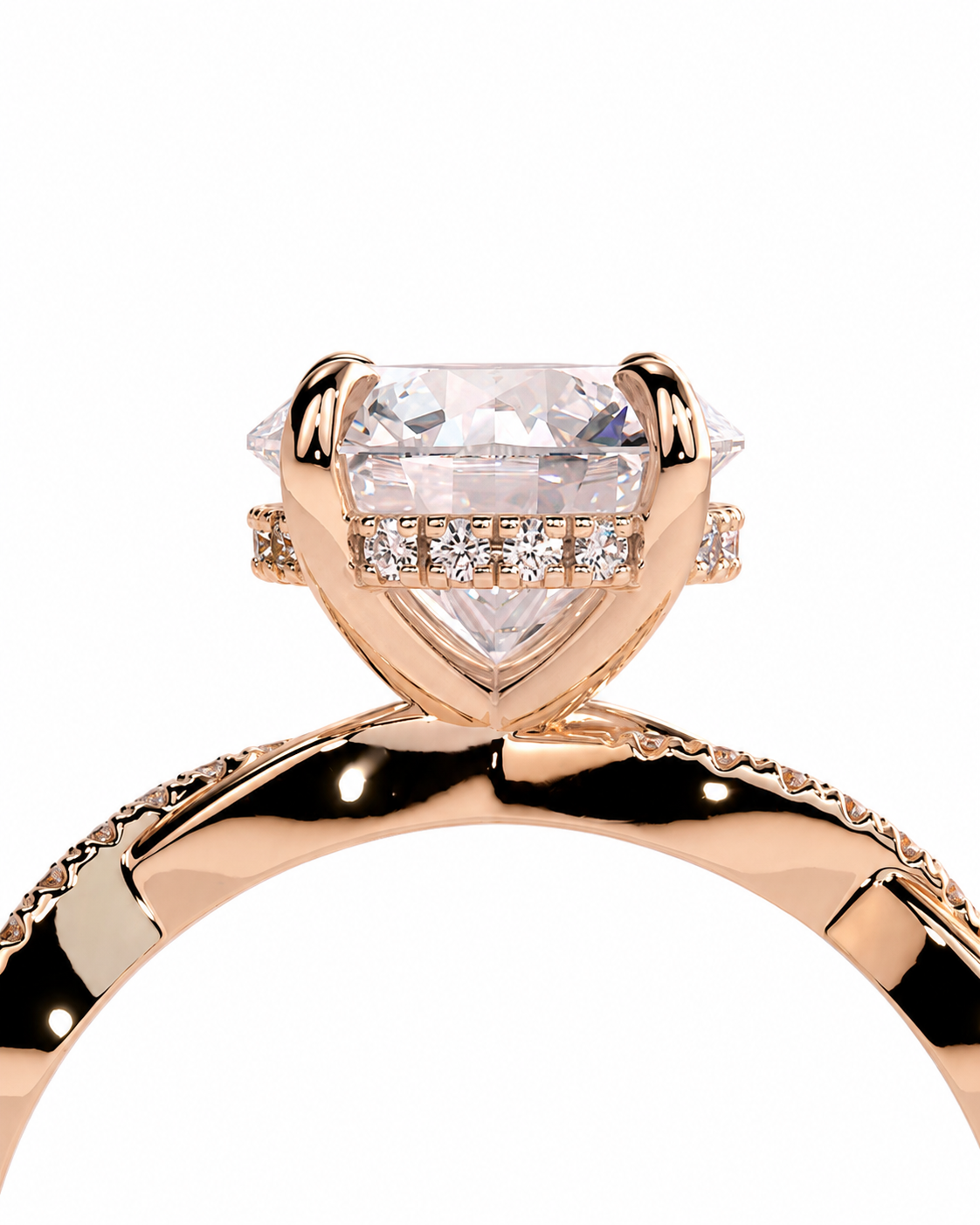 color_10K_RG, color_14K_RG &&
Rose gold engagement ring featuring a large heart-shaped clear center stone in a prong setting, with a row of small round stones along the band and a textured shank, shown on a white background.
