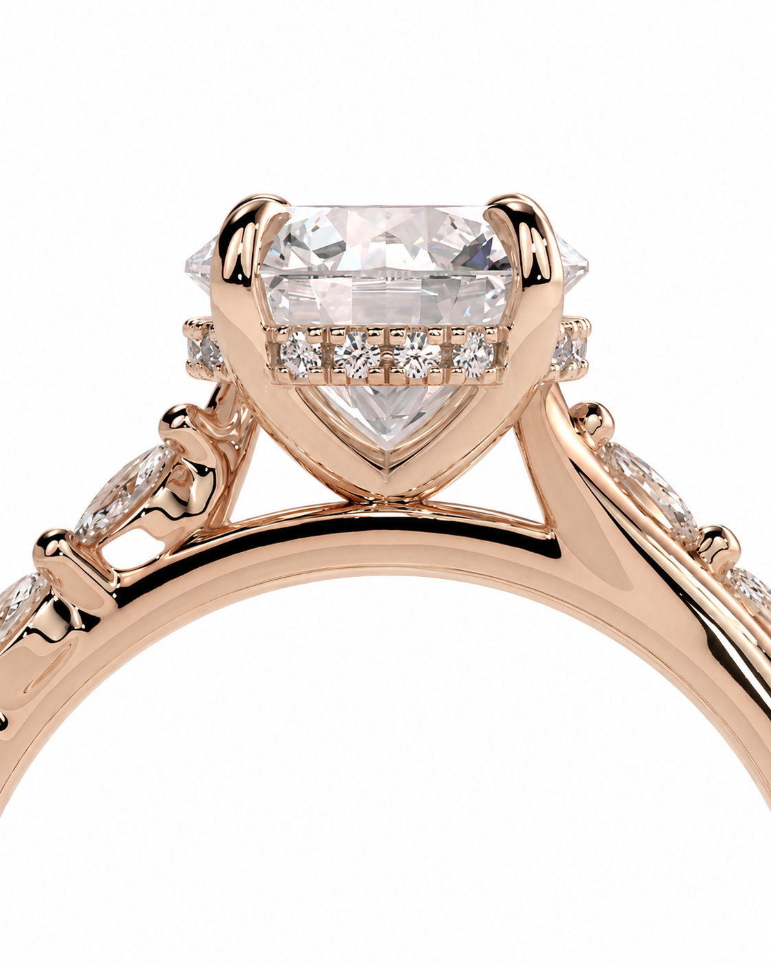 color_10K_RG, color_14K_RG &&
Rose gold engagement ring with a large heart-shaped clear center stone and small accent stones along the band, shown on a white background.