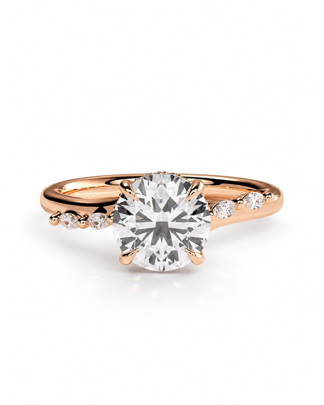 color_10K_RG, color_14K_RG &&
A rose gold engagement ring featuring a large round-cut center stone and small accent stones along the band, set against a clean white background.