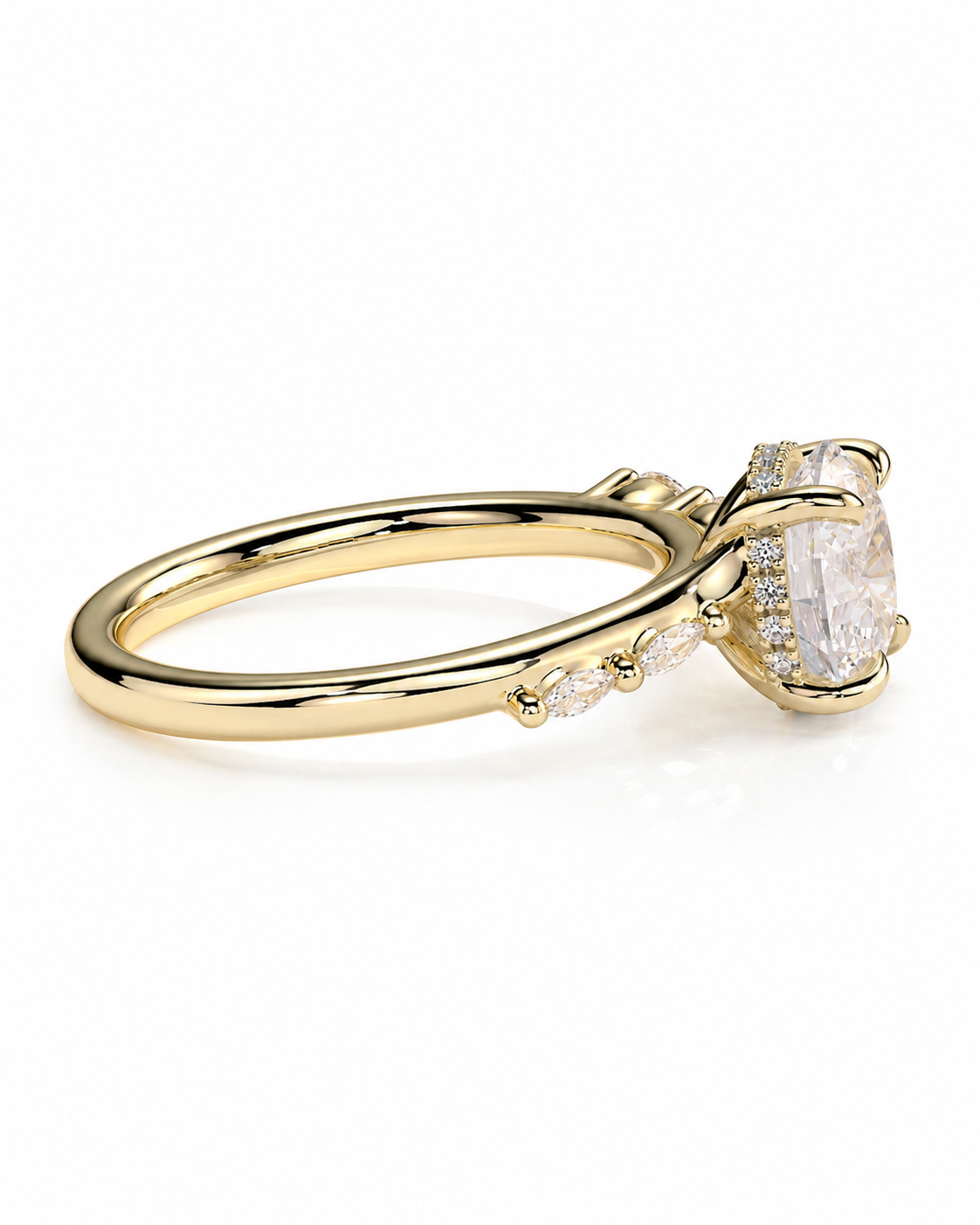 color_10K_YG, color_14K_YG &&
A yellow gold ring featuring a large oval-cut clear center stone surrounded by small accent stones along the band, shown on a clean white background.