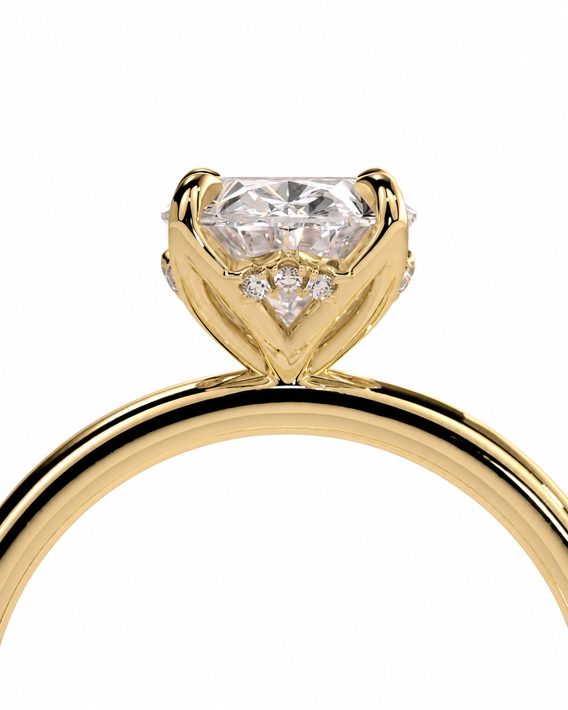 color_10K_YG, color_14K_YG &&
A close-up of a yellow gold ring with a large clear round-cut center stone and small accent stones in a heart-shaped setting, shown on a plain white background.