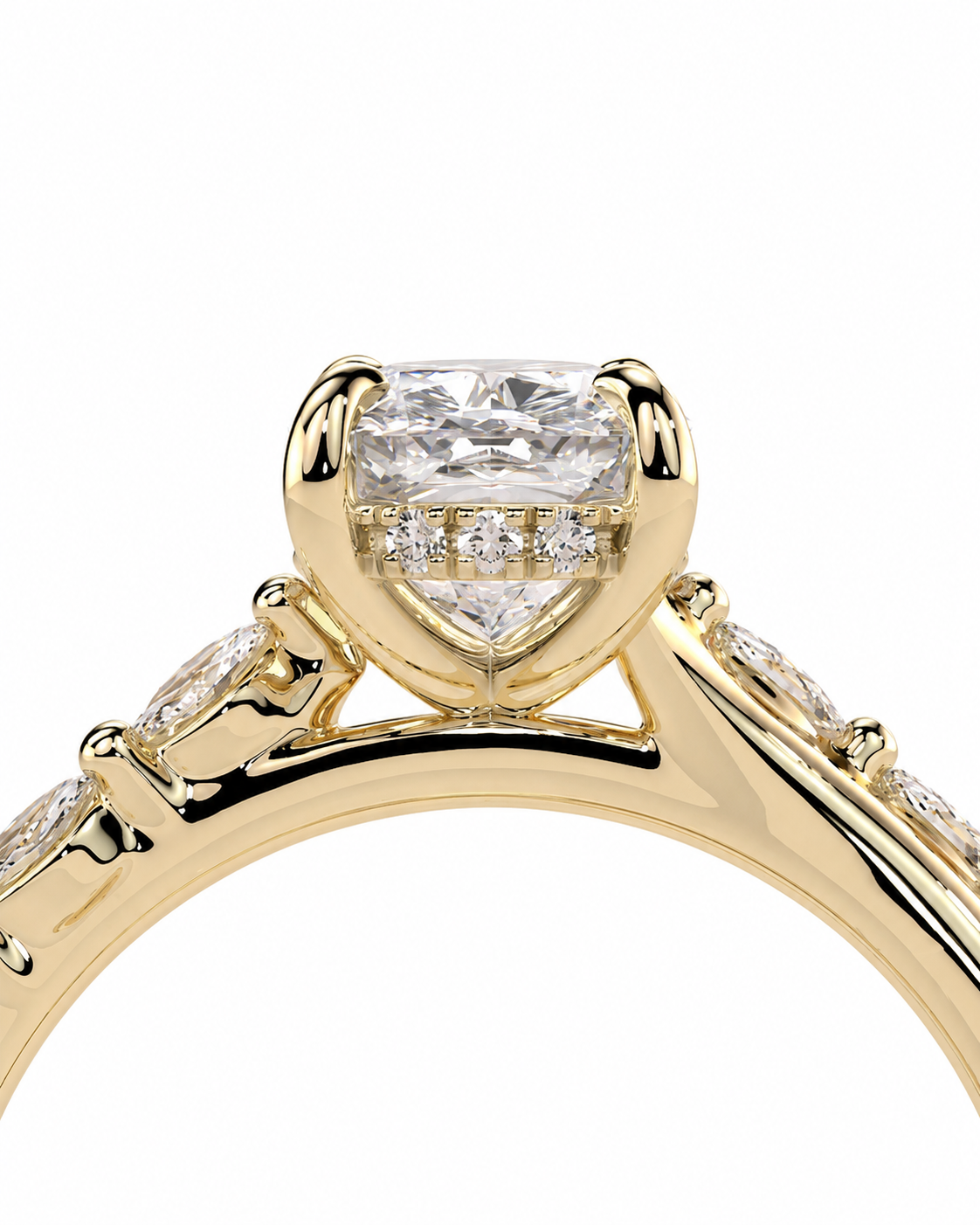 color_10K_YG, color_14K_YG &&
A close-up of a yellow gold ring featuring a large heart-shaped clear gemstone in a prong setting, with smaller diamonds along the band, shown against a plain white background.