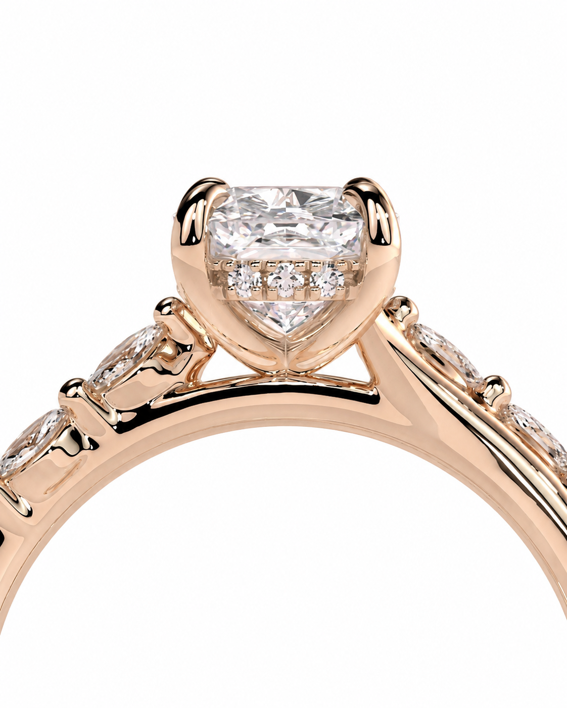 color_10K_RG, color_14K_RG &&
Close-up of a rose gold engagement ring featuring a heart-shaped diamond center stone and smaller diamonds along the band, set against a plain white background.