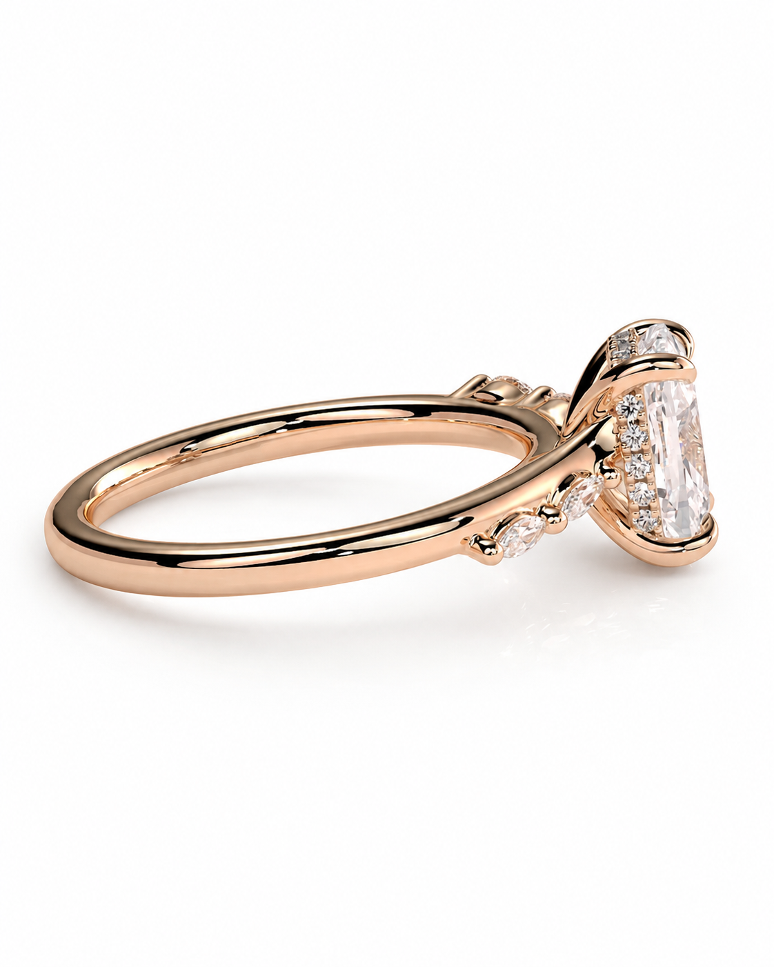 color_10K_RG, color_14K_RG &&
A rose gold engagement ring featuring a large emerald-cut clear center stone and smaller accent stones along the band, shown on a clean white background.
