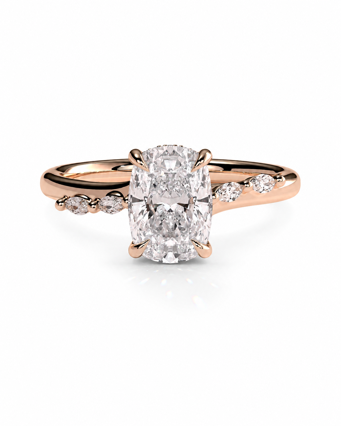 color_10K_RG, color_14K_RG &&
A rose gold solitaire engagement ring featuring a large oval-cut center diamond with smaller accent diamonds on the shoulders, set against a clean white background.