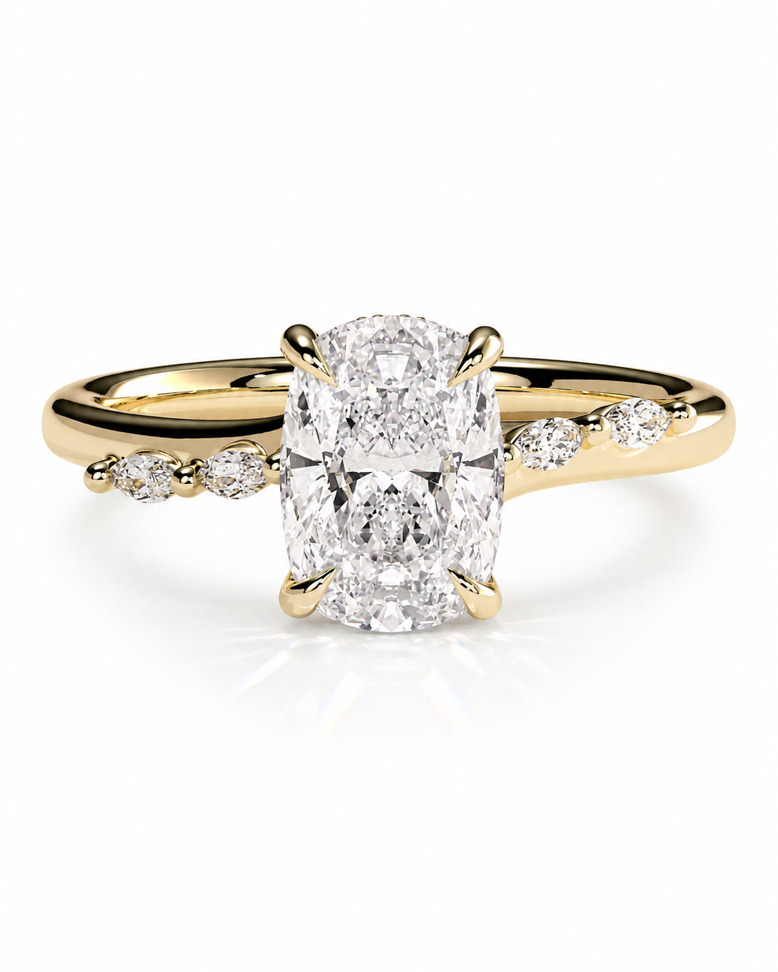color_10K_YG, color_14K_YG &&
A yellow gold engagement ring featuring a large cushion-cut diamond center stone and smaller round diamonds set along the band, shown on a clean white background.