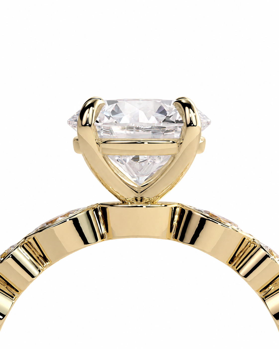 color_10K_YG, color_14K_YG &&
A close-up of a yellow gold solitaire engagement ring featuring a large triangular-cut clear gemstone in a prong setting, with a polished band on a plain white background.