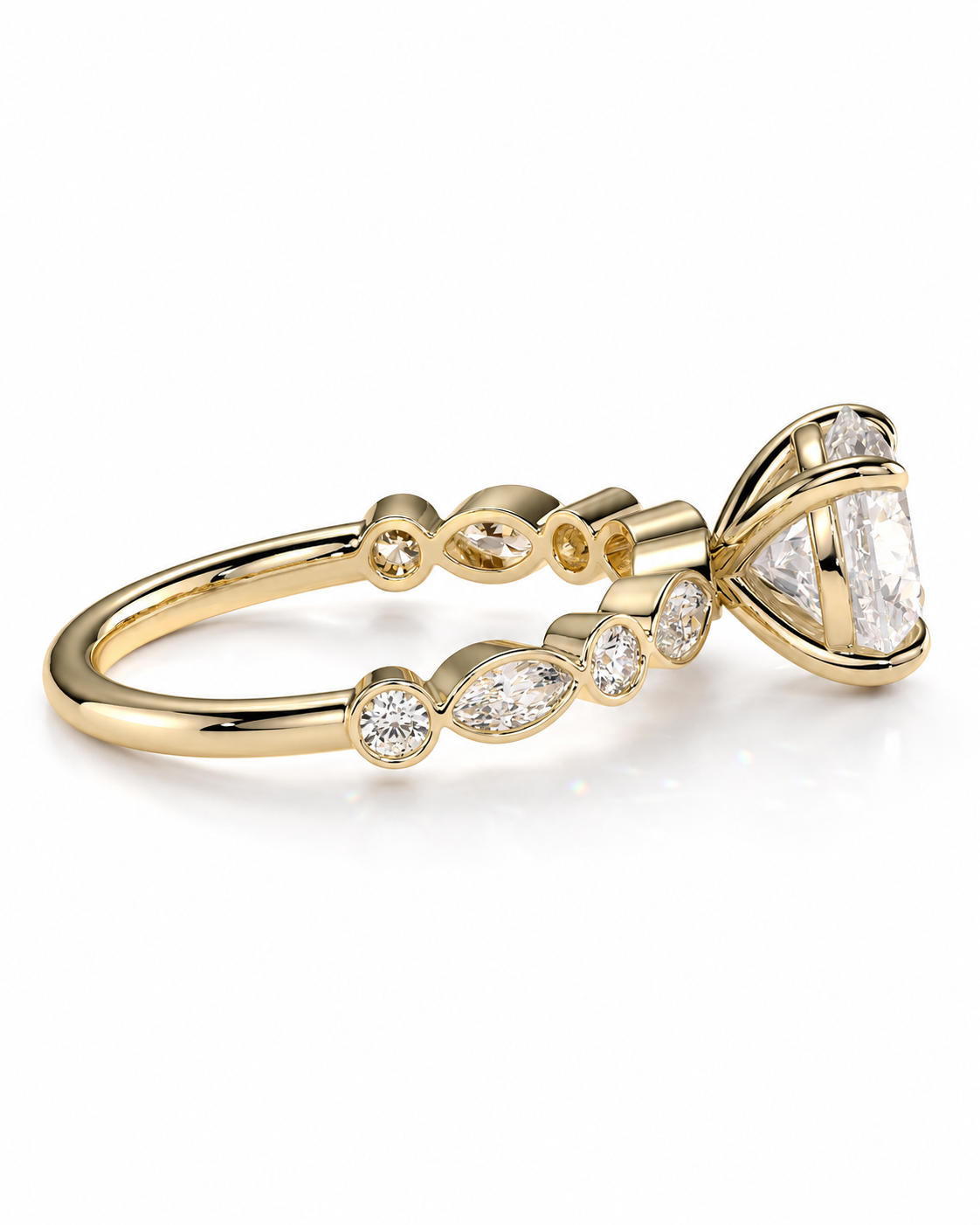 color_10K_YG, color_14K_YG &&
A yellow gold ring featuring a marquise-cut clear center stone and smaller marquise and round clear accent stones along the band, set against a plain white background.