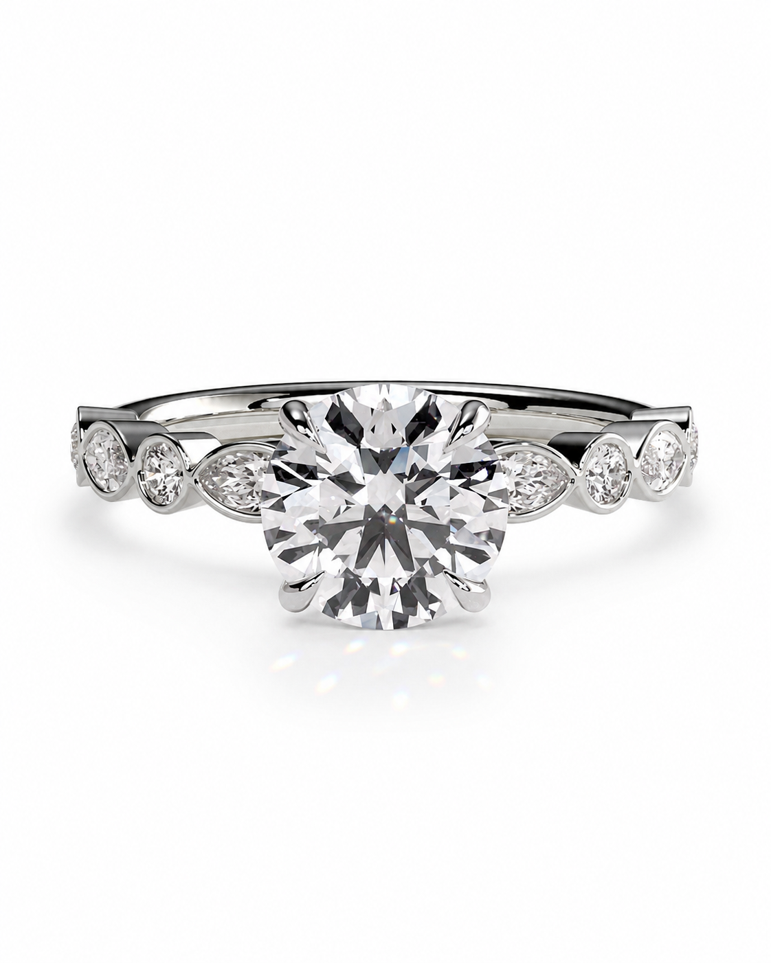 color_925_SIL,color_935_ARG,color_10K_WG, color_14K_WG &&
A silver-toned diamond ring with a large round-cut center stone and smaller marquise-cut side stones, shown on a clean white background.