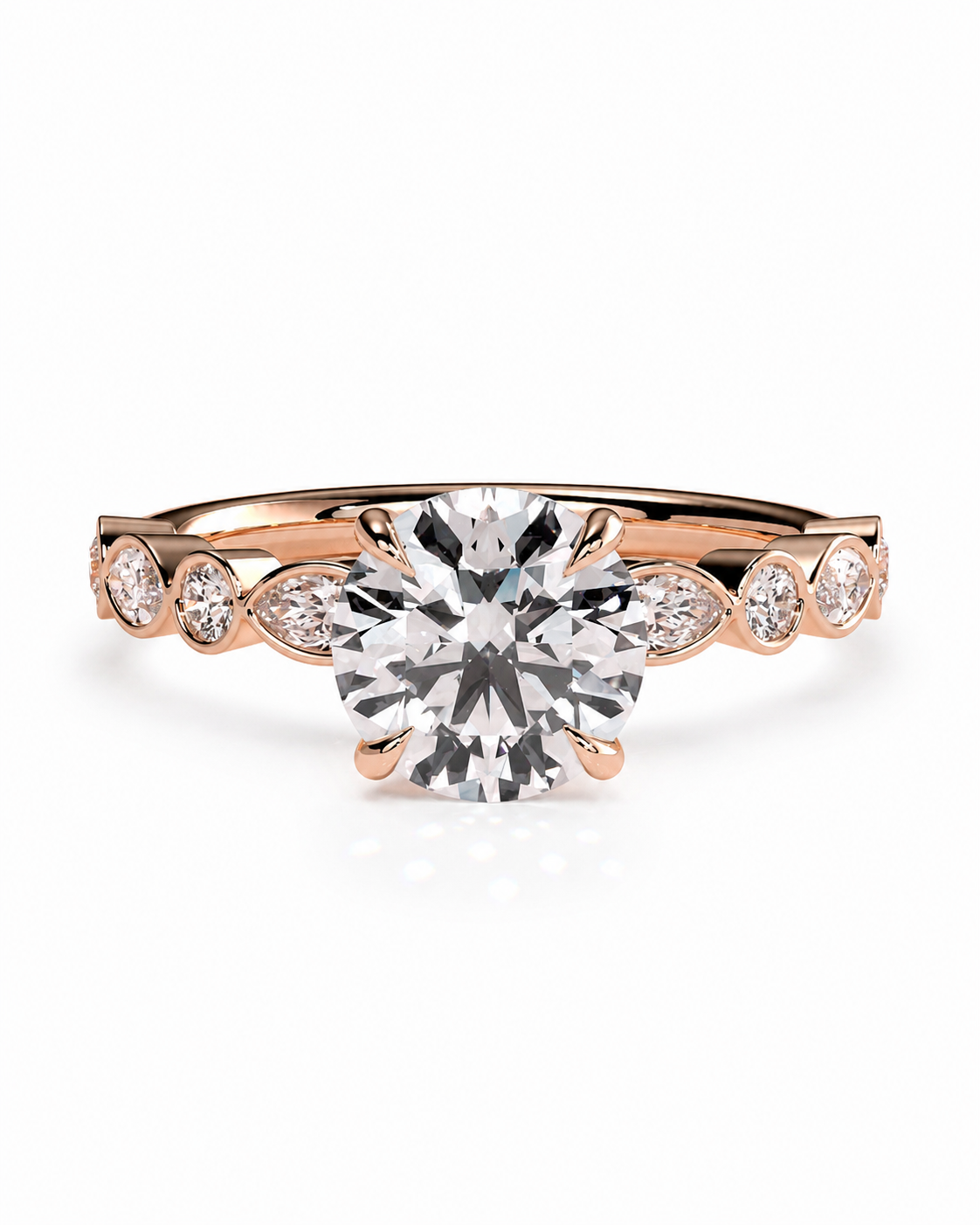 color_10K_RG, color_14K_RG &&
A rose gold engagement ring featuring a large round-cut center stone and smaller accent stones along the band, set against a clean white background.