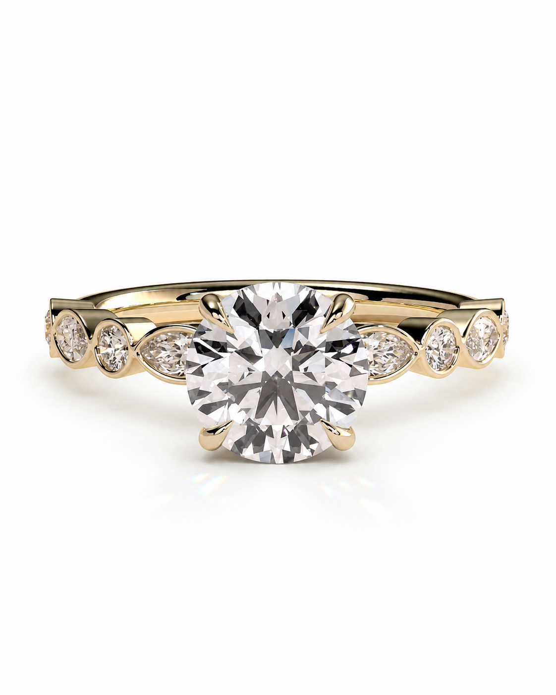 color_10K_YG, color_14K_YG &&
A yellow gold engagement ring featuring a large round-cut center stone and smaller marquise-cut side stones, shown on a clean white background.