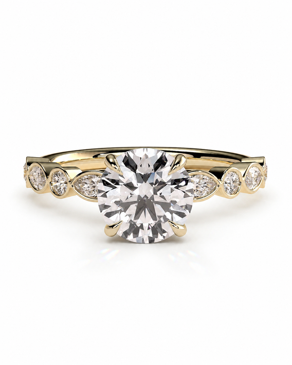 color_10K_YG, color_14K_YG &&
A yellow gold engagement ring featuring a large round-cut center stone and smaller marquise-cut side stones, shown on a clean white background.