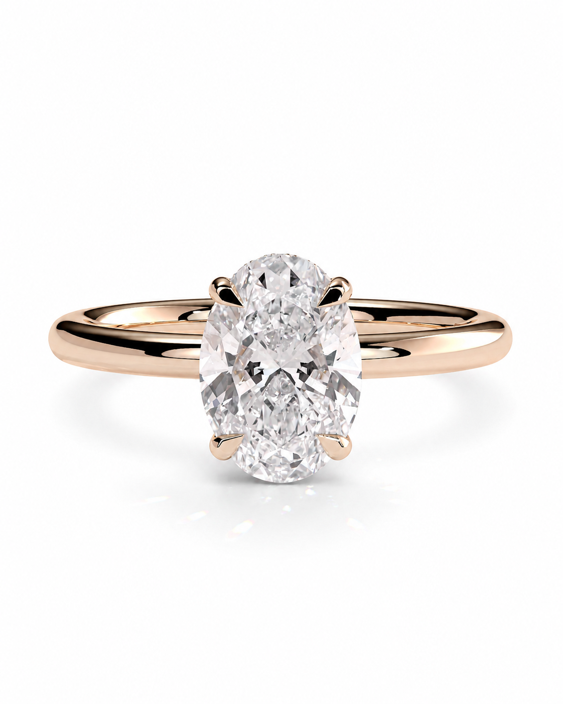 color_10K_RG, color_14K_RG &&An oval-cut diamond engagement ring with a rose gold band, shown on a clean white background.