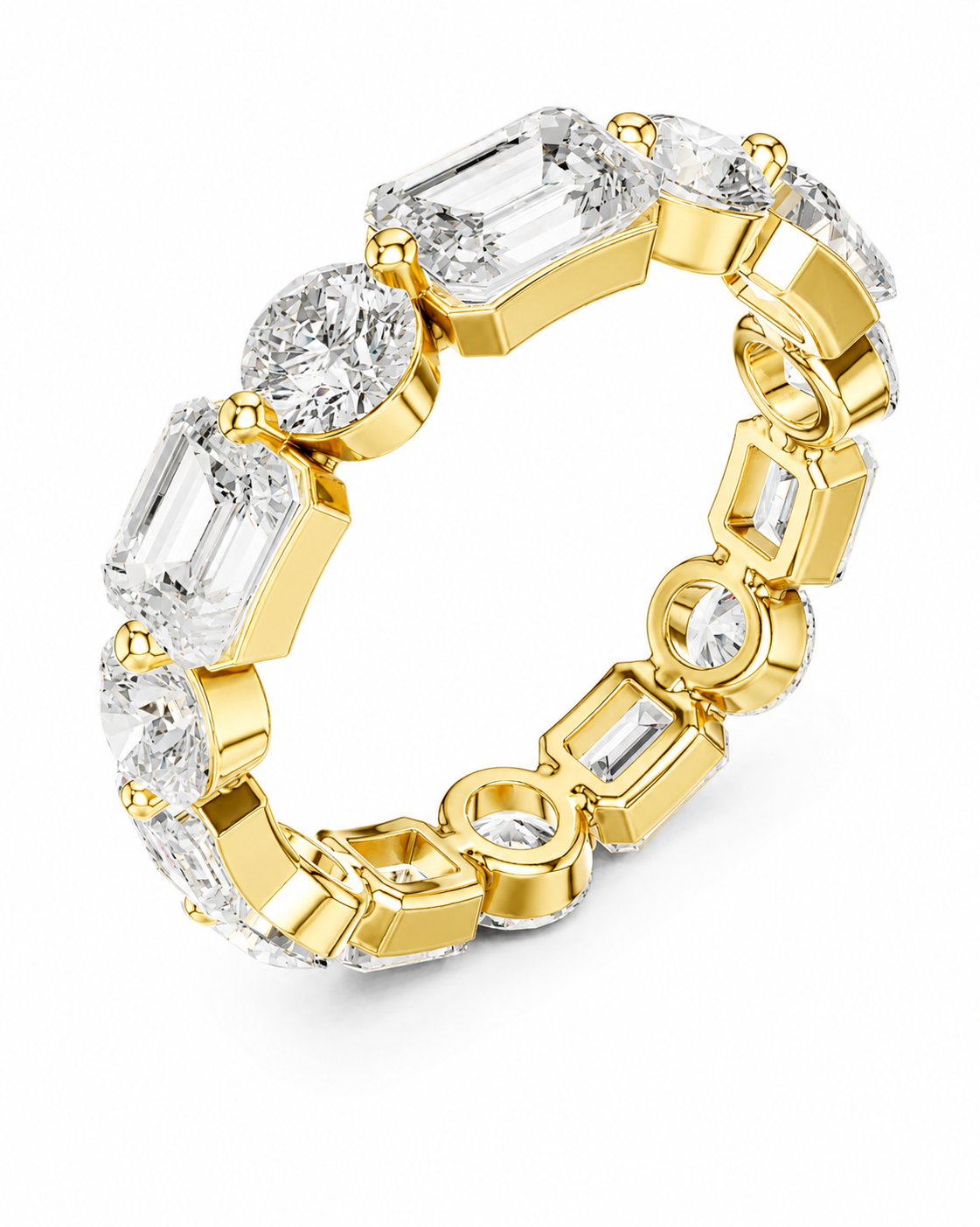 color_10K_YG, color_14K_YG &&	
A yellow gold eternity-style ring set with multiple clear baguette and round gemstones, photographed on a clean white background.