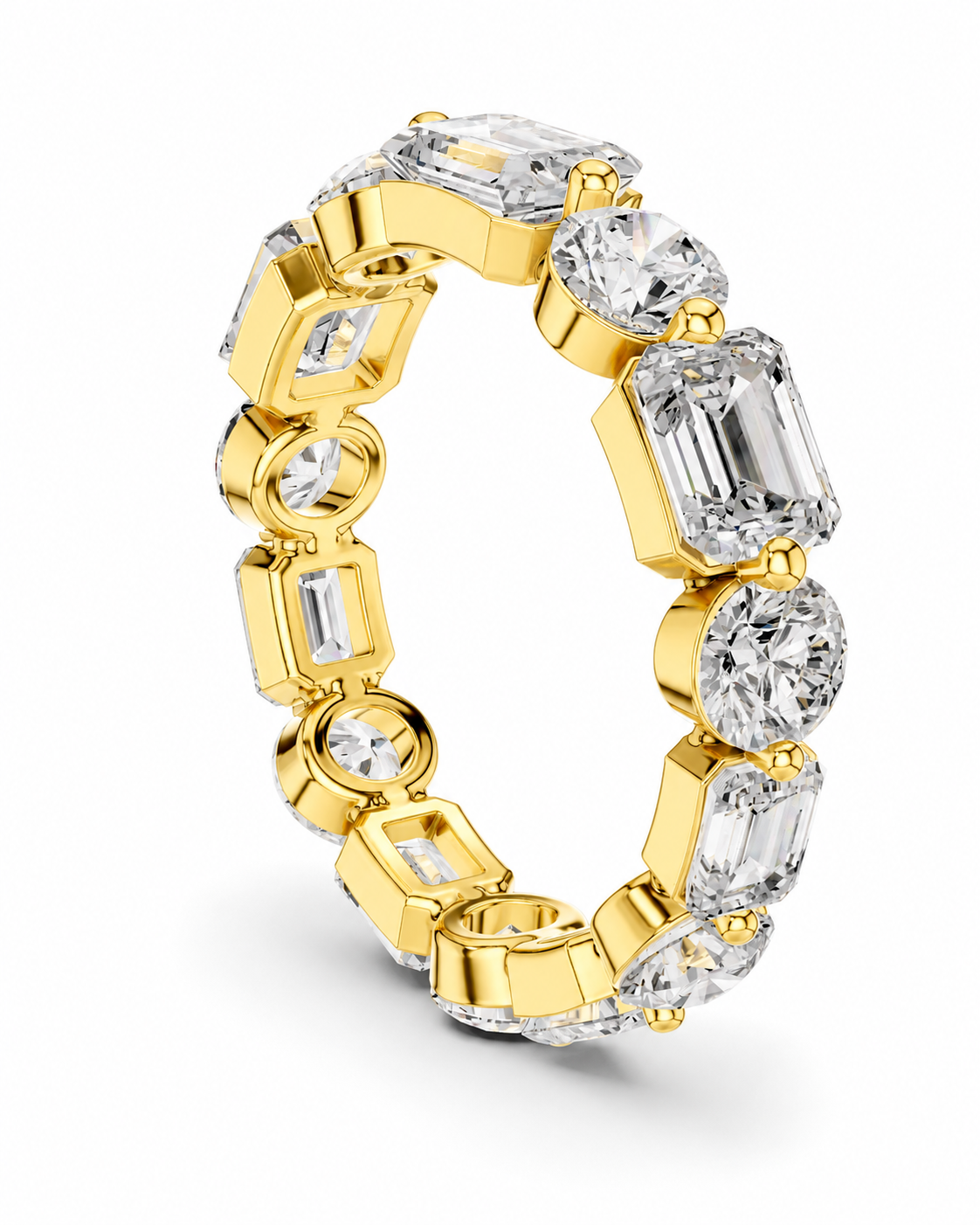 color_10K_YG, color_14K_YG &&	
A yellow gold eternity ring set with clear baguette and round-cut gemstones, shown on a clean white background.