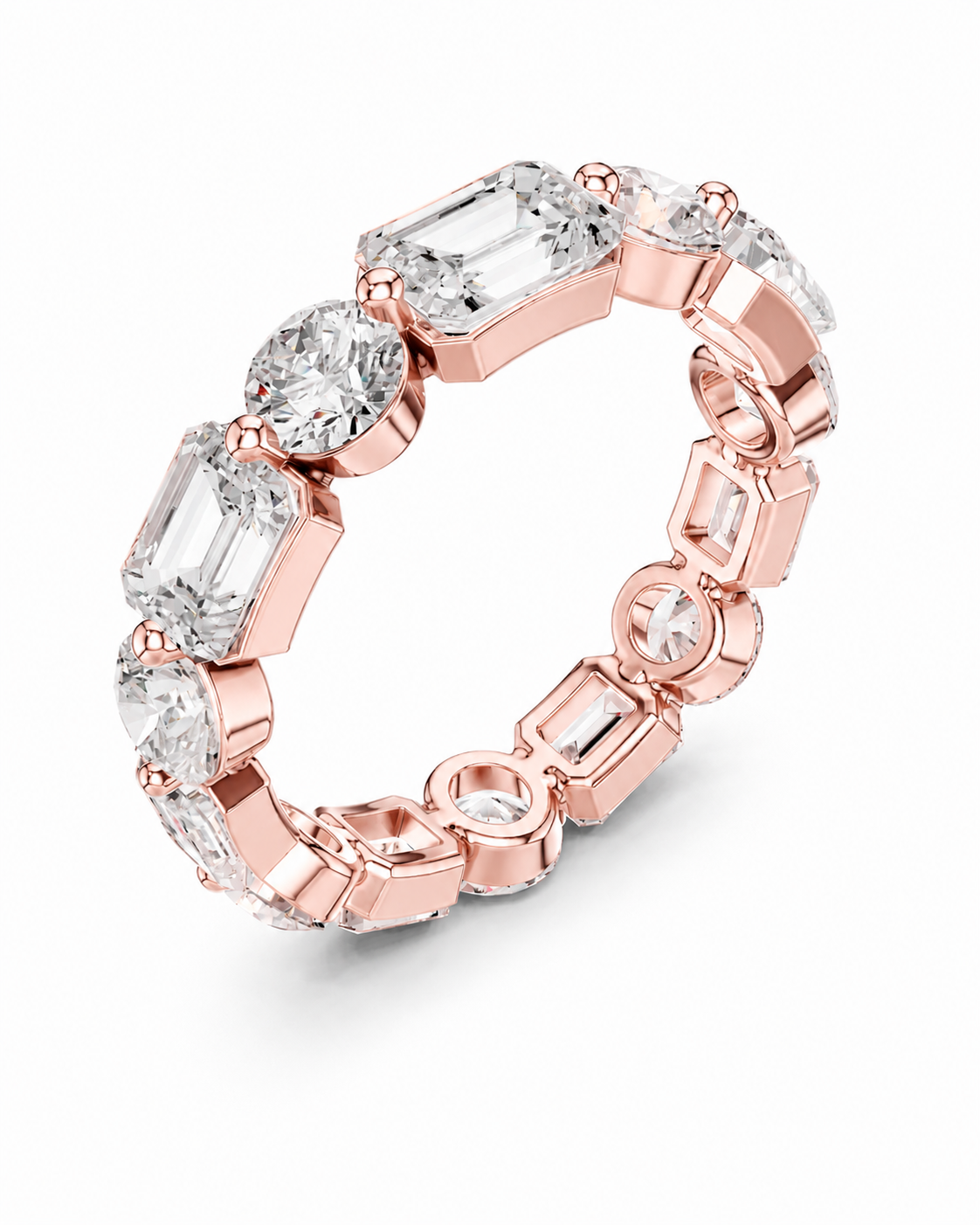 color_10K_RG, color_14K_RG &&	A rose gold eternity ring featuring a continuous row of clear baguette and round-cut gemstones in a prong setting, shown on a clean white background.