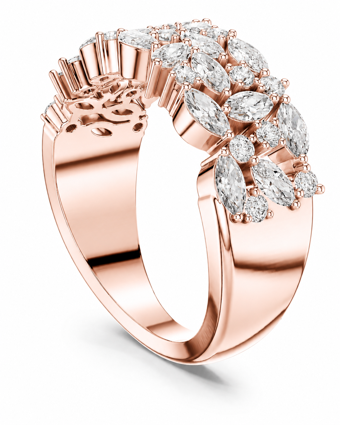 color_10K_RG, color_14K_RG &&	
Rose gold ring with a floral cluster setting featuring marquise-cut and round brilliant-cut clear gemstones, shown on a clean white background.