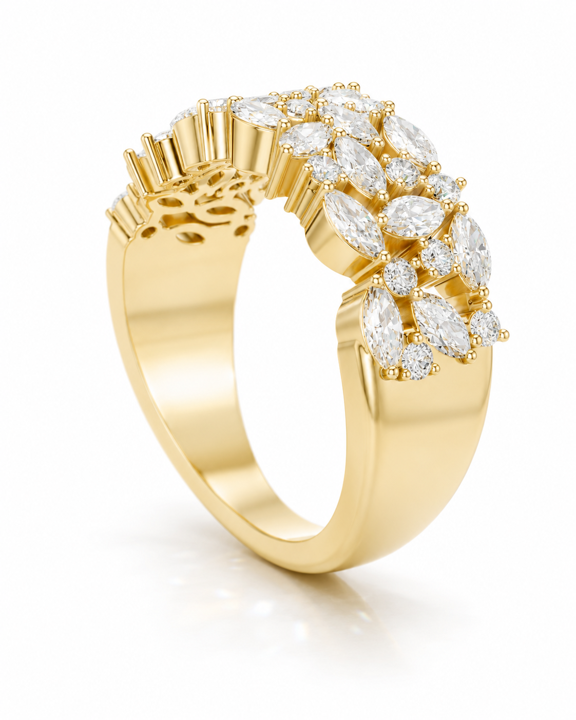 color_10K_YG, color_14K_YG &&	
Refined anniversary band showcasing alternating marquise and round moissanite stones.