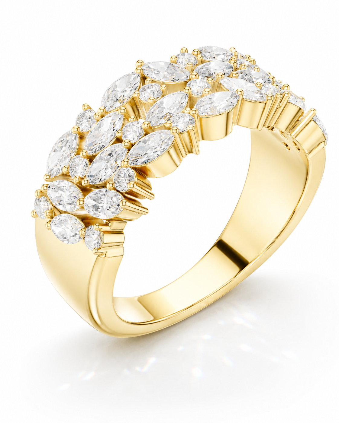 color_10K_YG, color_14K_YG &&	
Close-up of a handcrafted moissanite wedding ring with floral-inspired mixed-shape stones.