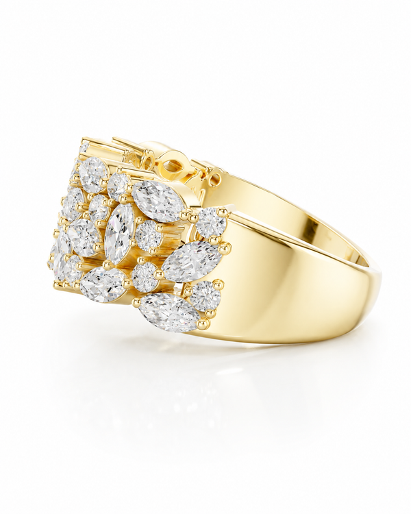 color_10K_YG, color_14K_YG &&	
Women's moissanite wedding band featuring marquise and round stones in an openwork shared prong design.