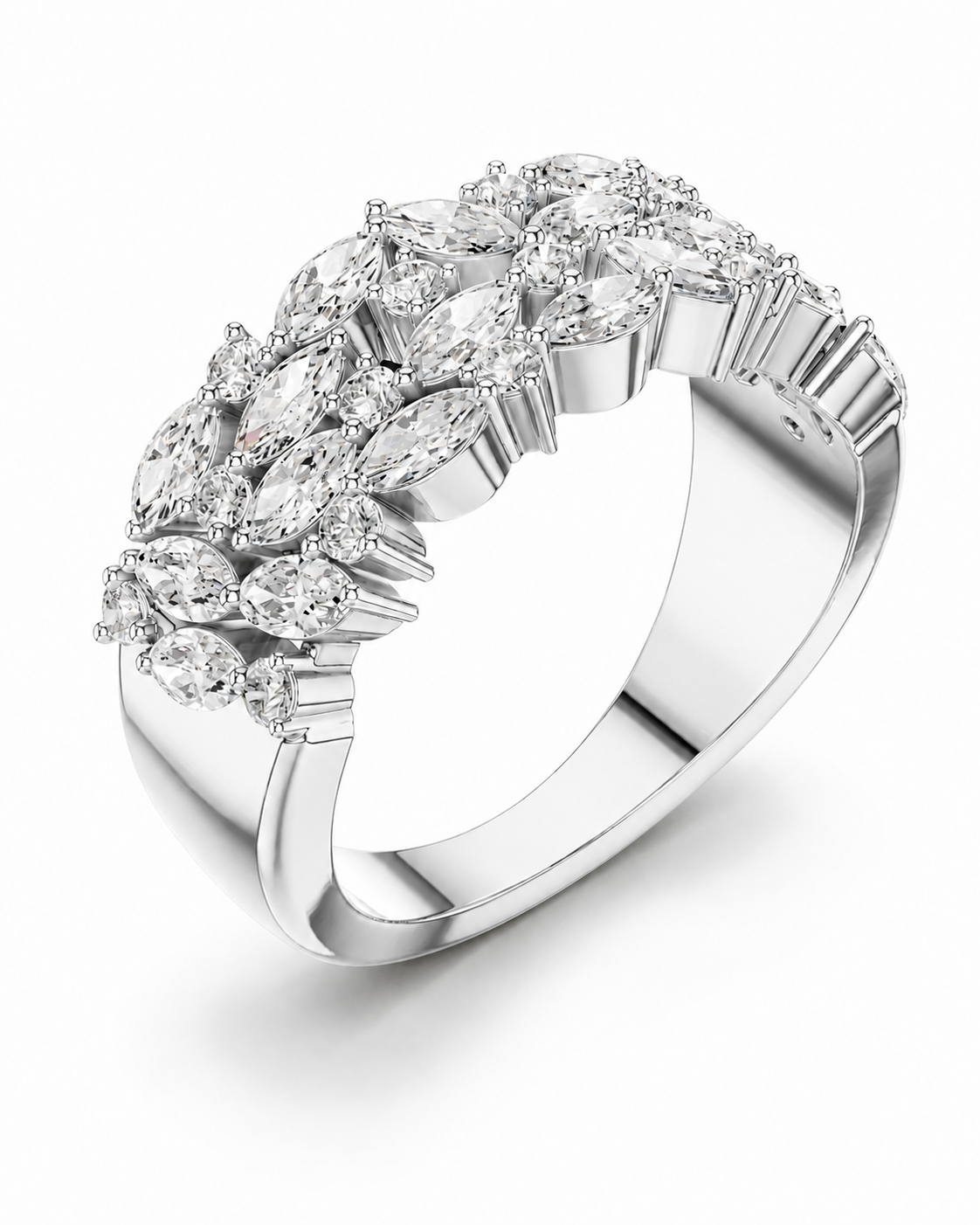 color_925_SIL,color_935_ARG,color_10K_WG, color_14K_WG &&	
A silver-toned cluster ring featuring marquise and baguette-cut clear stones, photographed on a clean white background.
