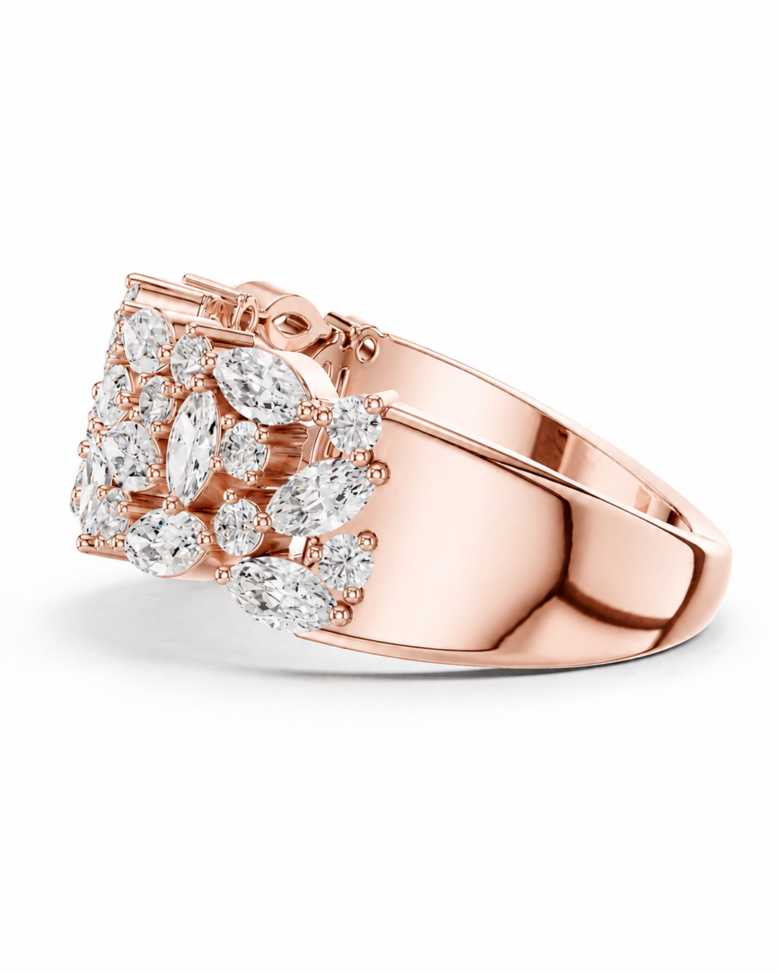 color_10K_RG, color_14K_RG &&	
A rose gold ring with a large cluster of marquise-cut and oval diamonds, shown on a clean white background.