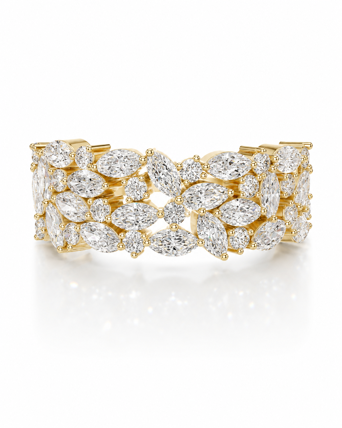 color_10K_YG, color_14K_YG &&	
Front view of an anniversary moissanite wedding band with marquise and round stones.